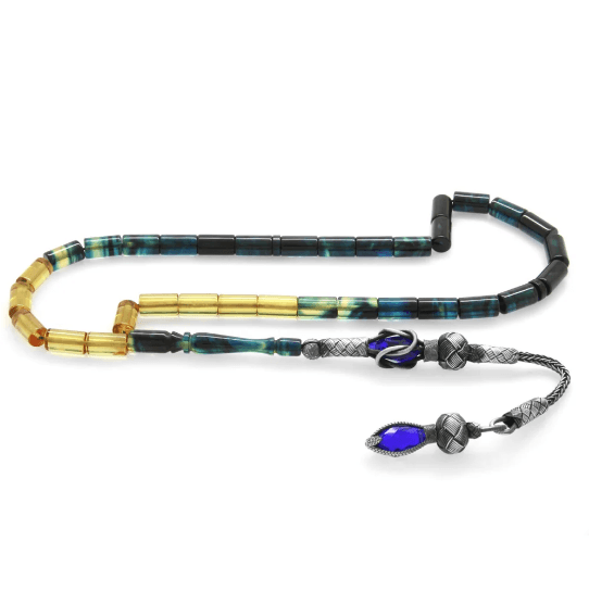 1000 Sterling Silver Kazaz Tassel Cut Cut Drilled Blue-White Fire Amber Rosary