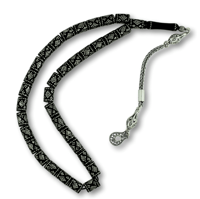 Genuine Erzurum Oltu Stone Cut Prayer Beads with Intense Silver Inlay