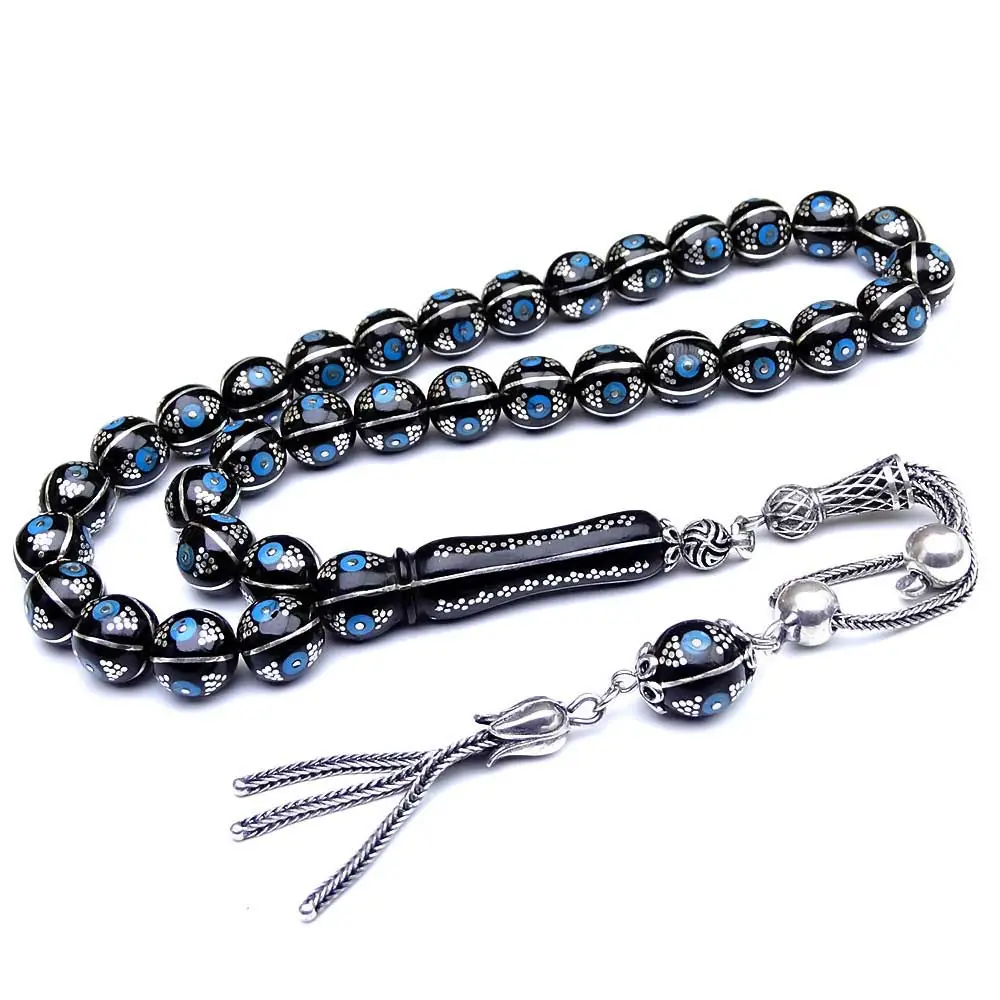 Silver Turquoise Engraved Erzurum Oltu Stone Prayer Beads
