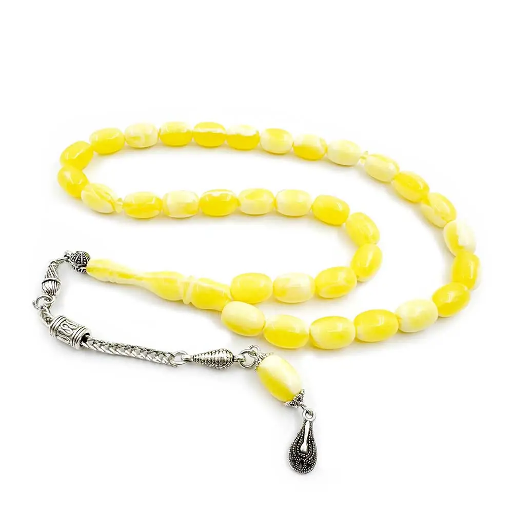 White Moiré Capsule Large Cut Seccer Drop Amber Prayer Beads