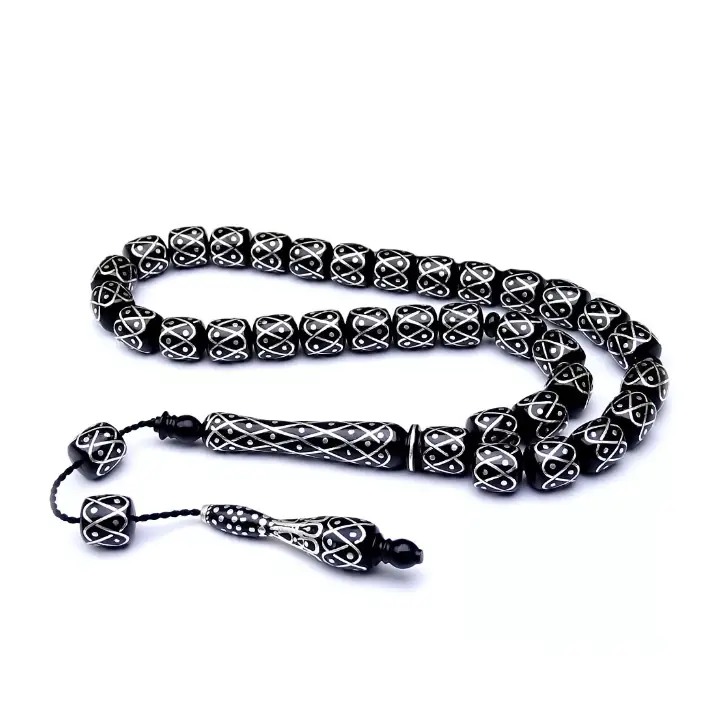 Usta Crafted Silver Engraved Erzurum Oltu Stone Prayer Beads
