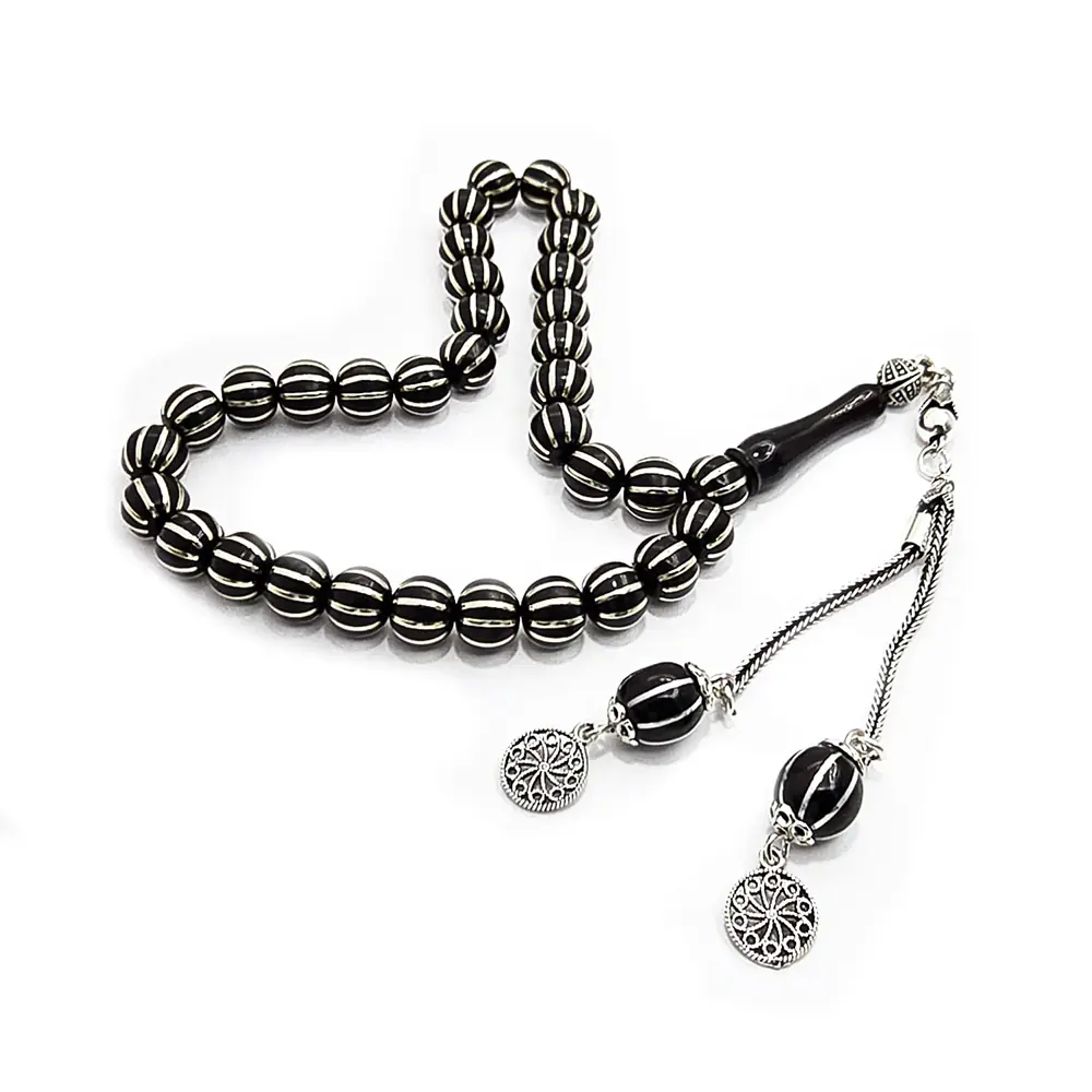 925 K Silver Tasselled Silver 10'lU Karpuz Yarma Sphere Cut Erzurum Oltu Prayer Beads