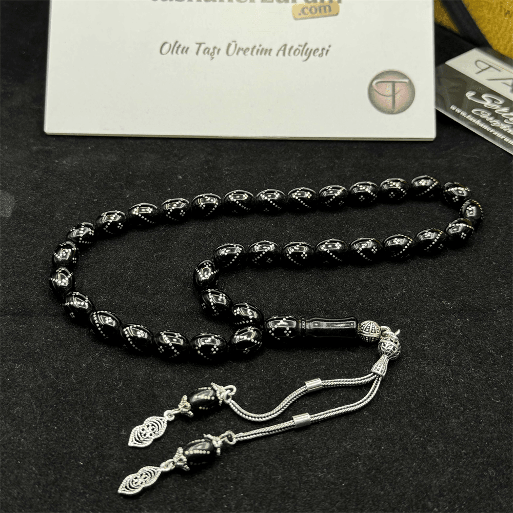 Silver Single Zig Zag Embroidered Barley Cut Oltu Stone Rosary