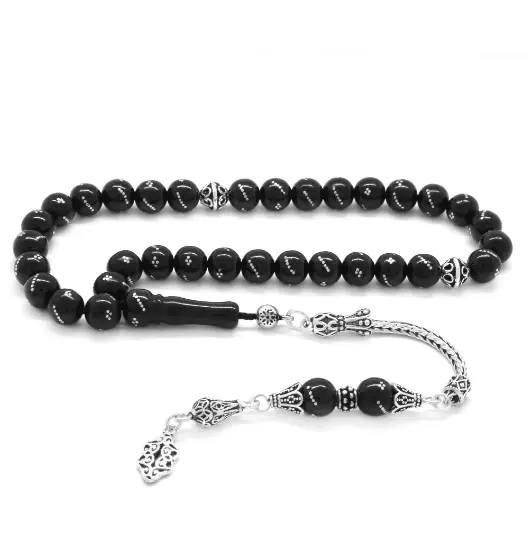 Silver Tasselled Silver Engraved Sphere Cut Erzurum Oltu Stone Prayer Beads