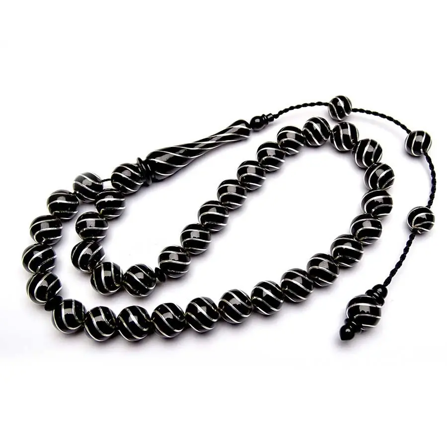 Silver Çeşmi-Bülbül Engraved Kumpas Crafted Sistemli Erzurum Oltu Stone Prayer Beads