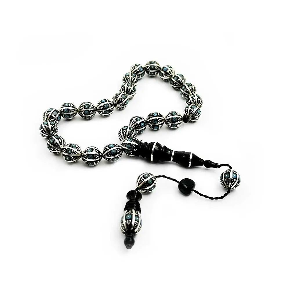 Silver Yarma & Turquoise Engraved Usta Crafted 23'lü Erzurum Oltu Stone Efe Stres Prayer Beads