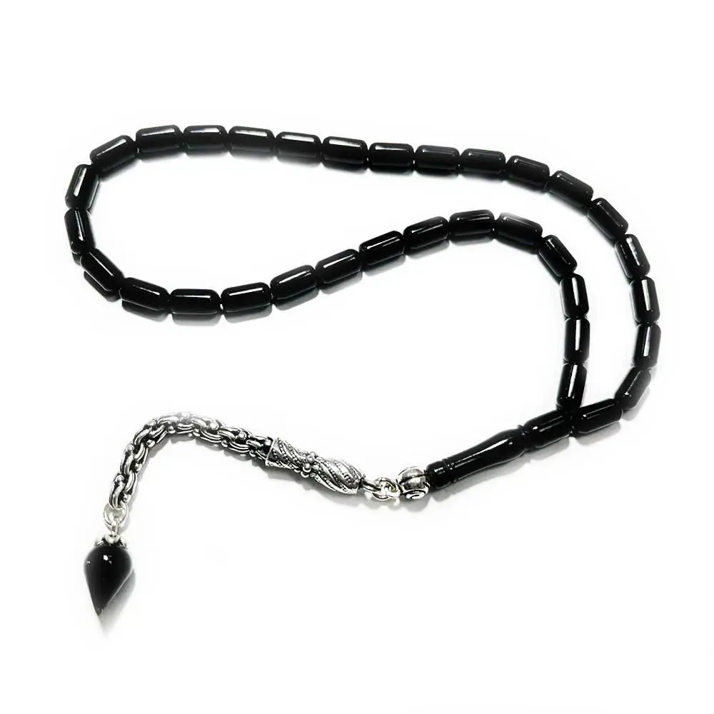 Silver Drop Tasselled Capsule Cut Erzurum Oltu Stone Prayer Beads