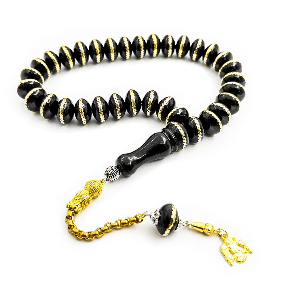 Yellow Coated Embroidered Flat Model Erzurum Oltu Stone Prayer Beads