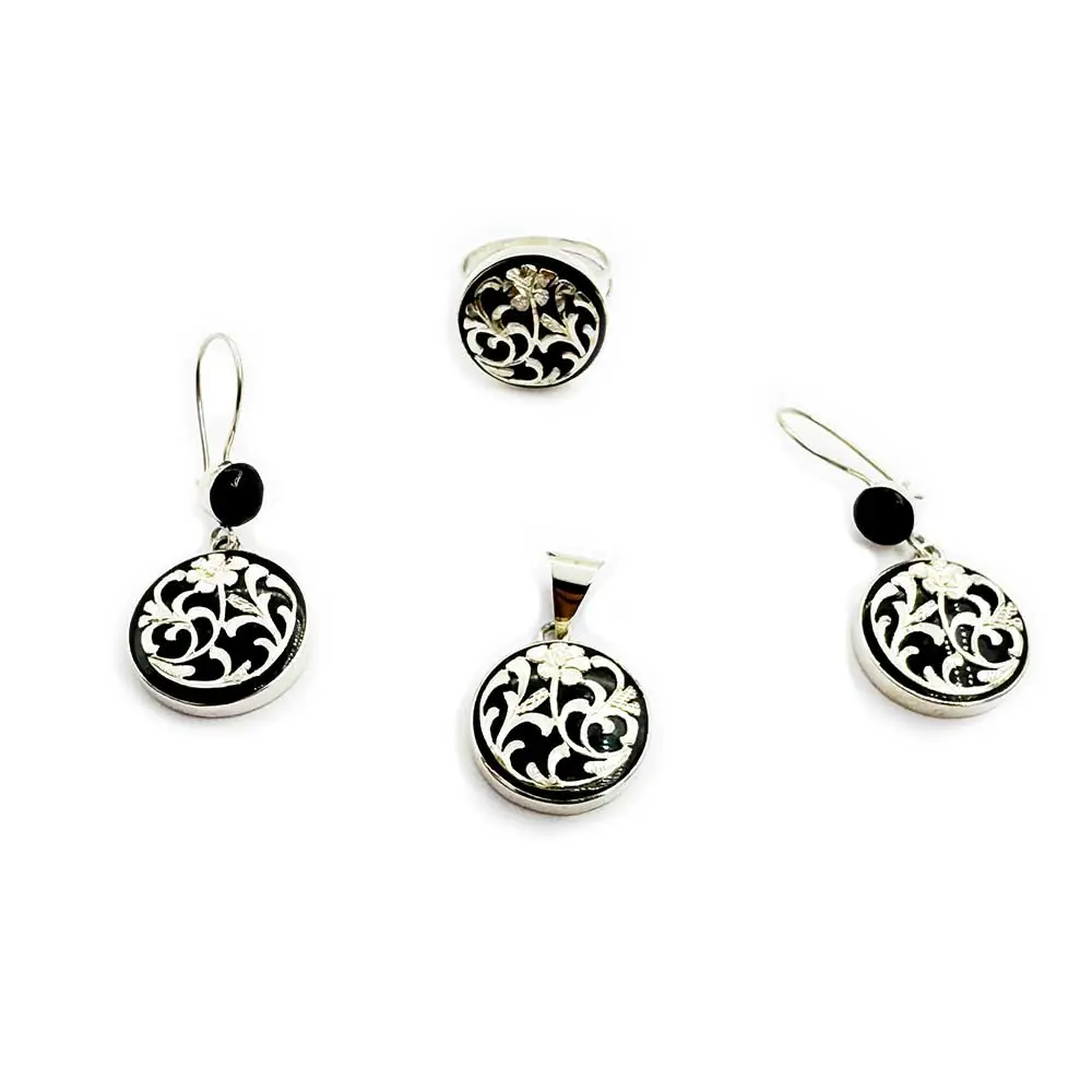 Oltu Stone-set Silver Necklace Earrings Ring Set
