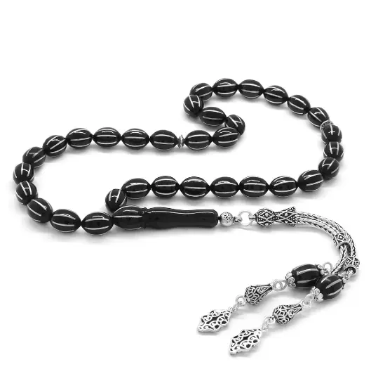 925 K Silver Double Tasselled Silver 6'lı Karpuz Yarma Arpa Cut Erzurum Oltu Stone Prayer Beads