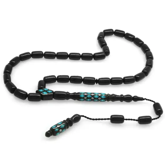 Sistemli Silver-Firuze Engraved Capsule Cut Erzurum Oltu Stone Prayer Beads