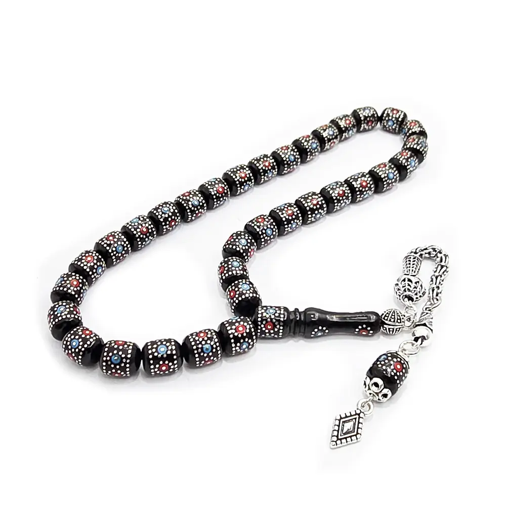 Silver Turquoise & Coral Engraved Capsule Handcrafted Erzurum Oltu Stone Prayer Beads
