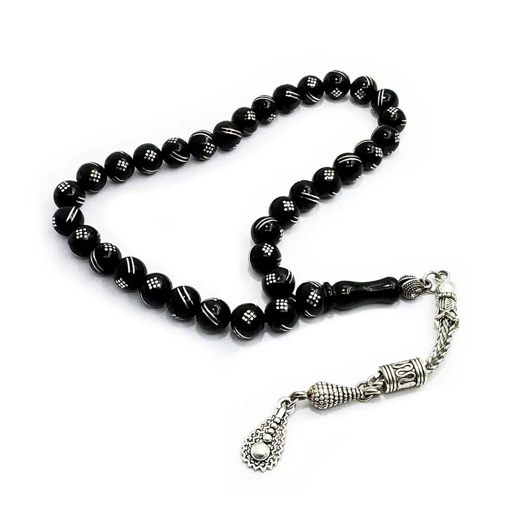 Silver Yarma & Inlay Engraved Erzurum Oltu Stone Prayer Beads