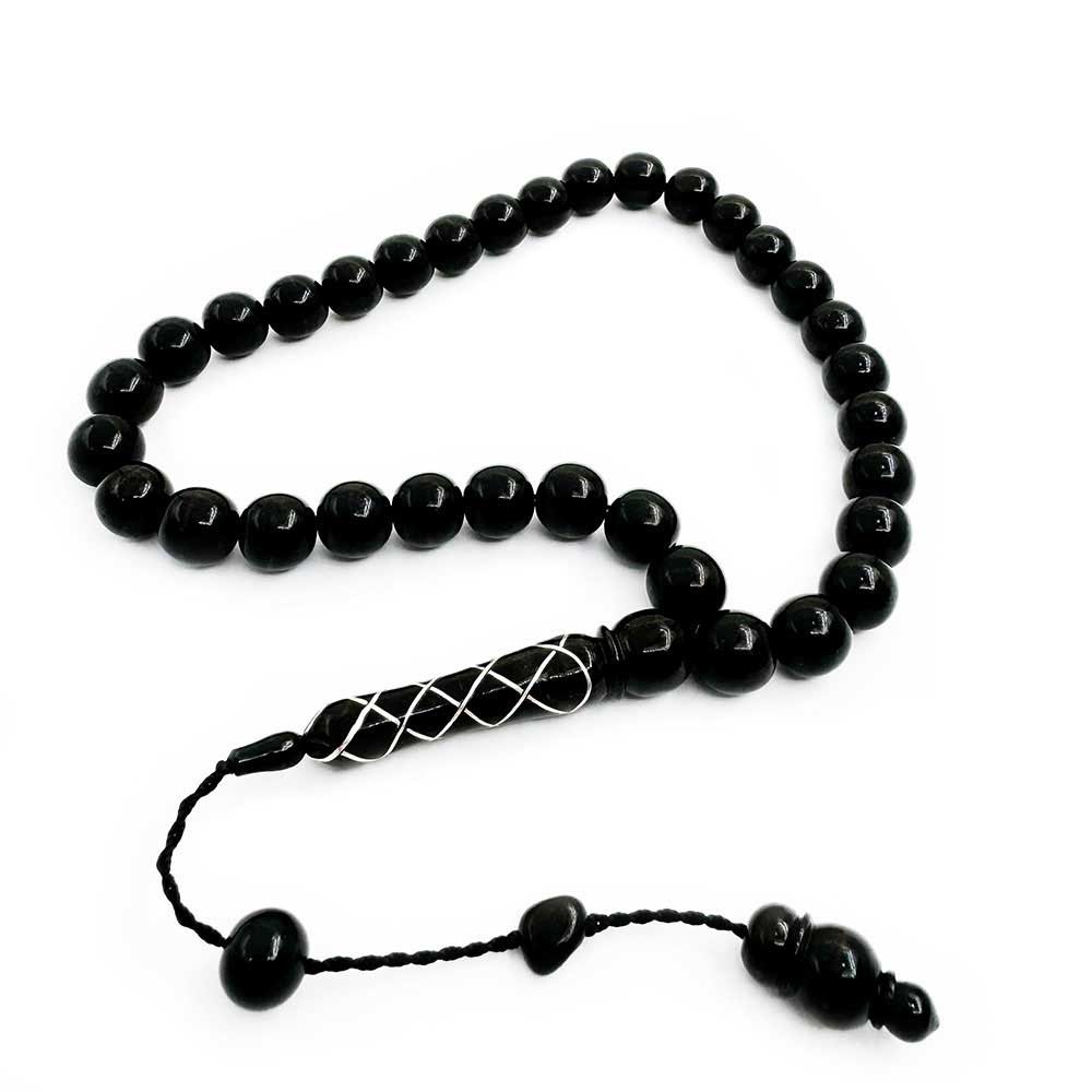 Handcrafted Erzurum Oltu Stone Prayer Beads with Silver Processing Immeled System