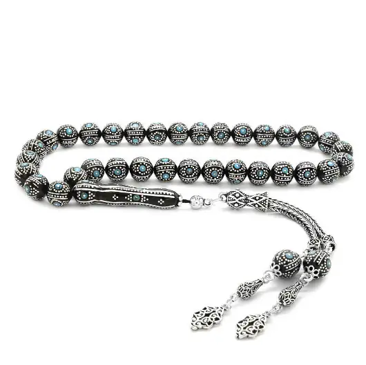 Silver-Firuze Engraved Erzurum Oltu Stone Prayer Beads