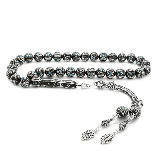 Silver-Turquoise Embroidered Erzurum Oltu Stone Rosary