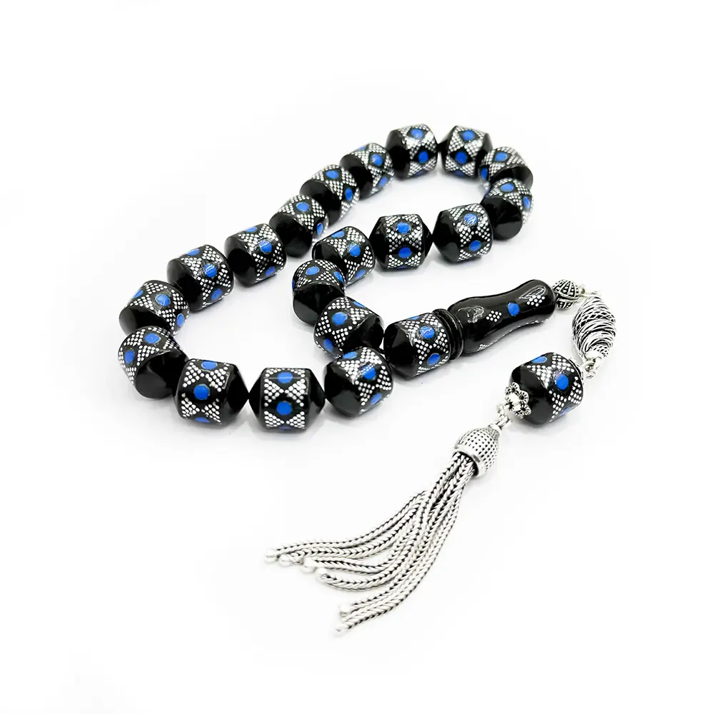 Silver Turquoise Engraved Tipped Capsule Cut Erzurum Oltu Stone Prayer Beads