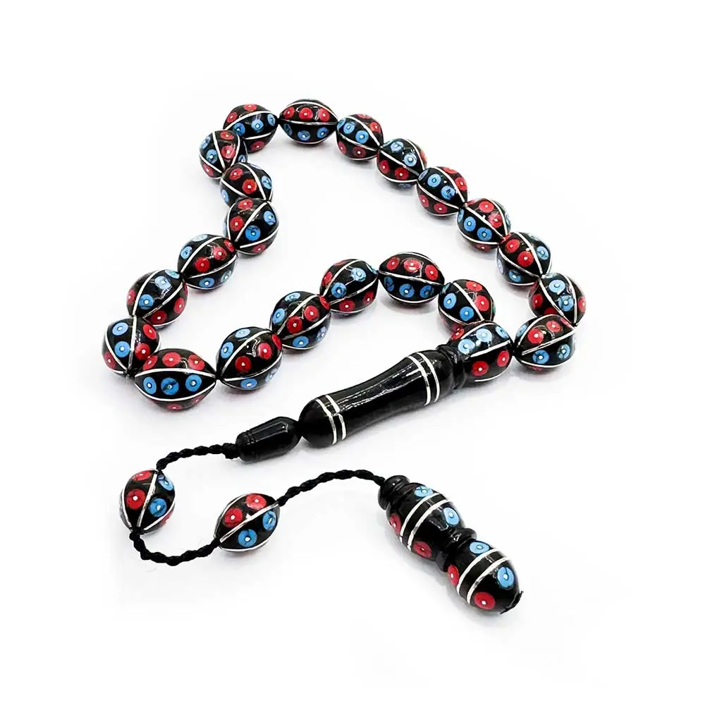 21 li Burgundy Blue & Yarma Engraved Erzurum Oltu Stone Efe Stres Prayer Beads