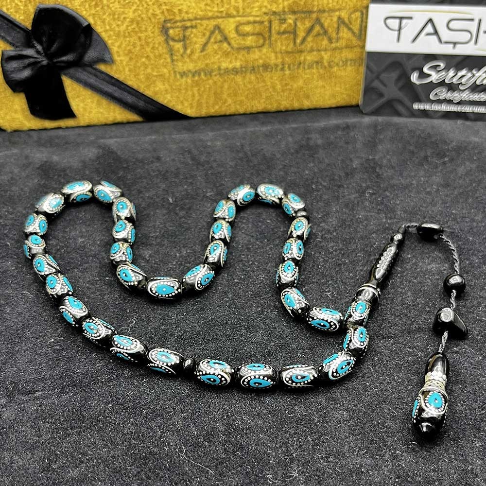 Silver Turquoise Embroidered Capsule Cut Erzurum Oltu Stone Rosary