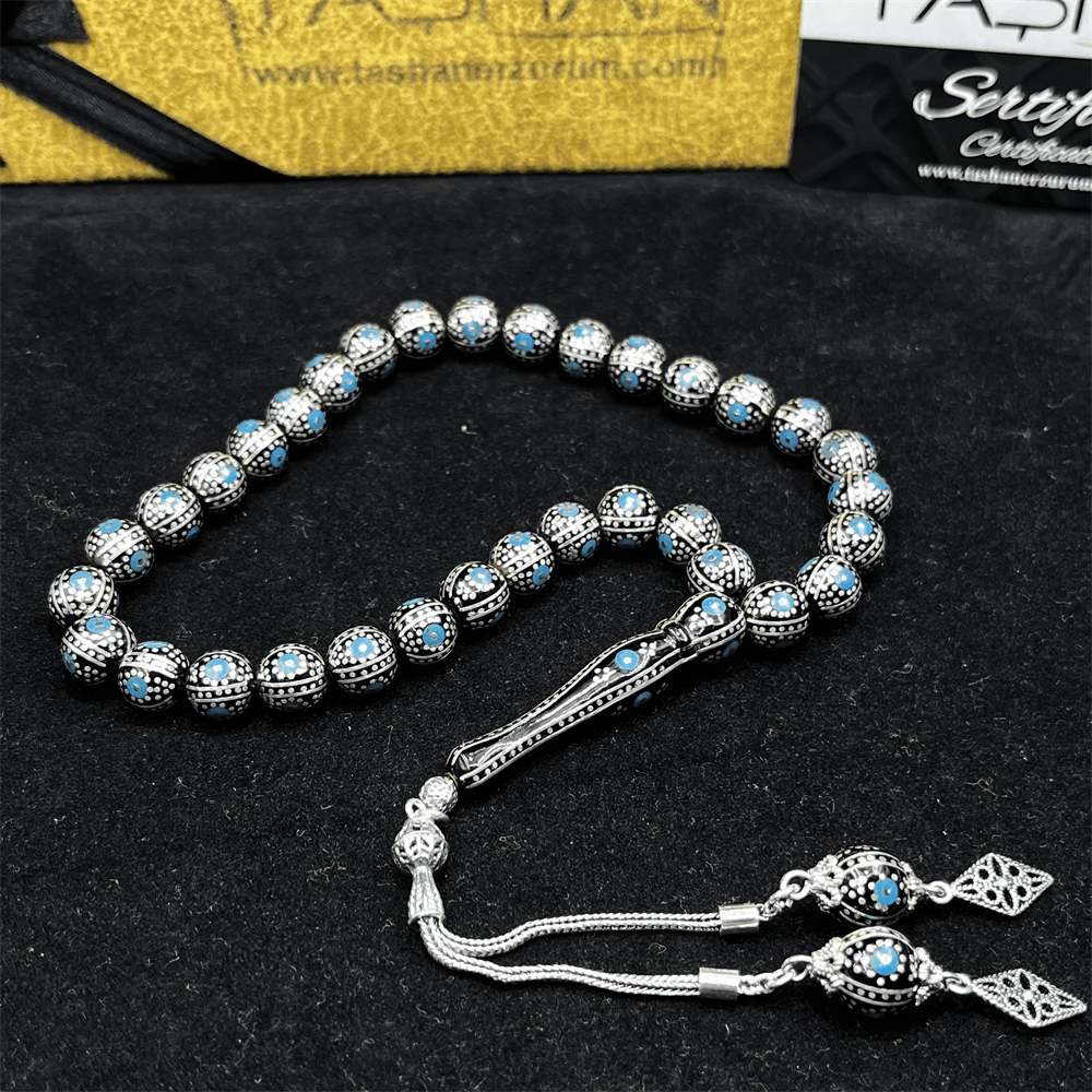 Silver-Turquoise Embroidered Erzurum Oltu Stone Rosary