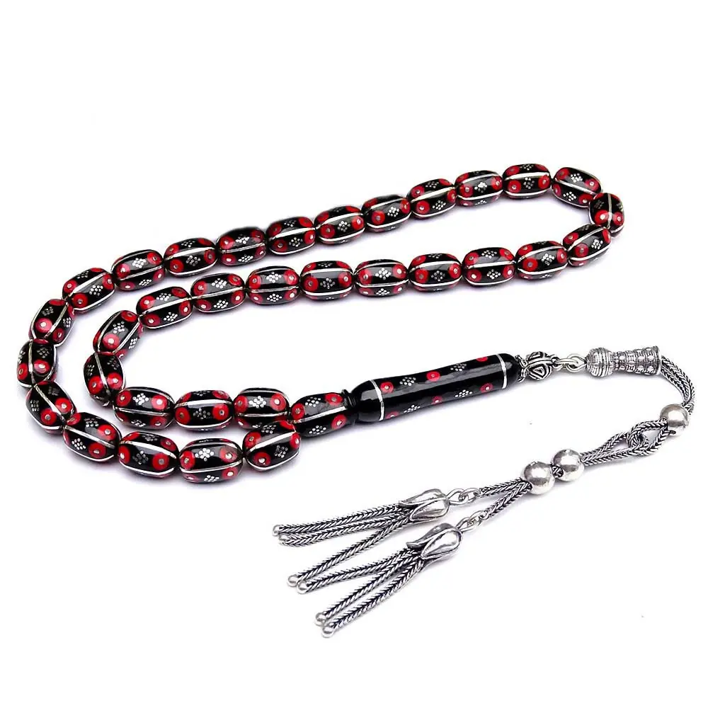 Silver Coral Engraved Handcrafted Erzurum Oltu Stone Prayer Beads
