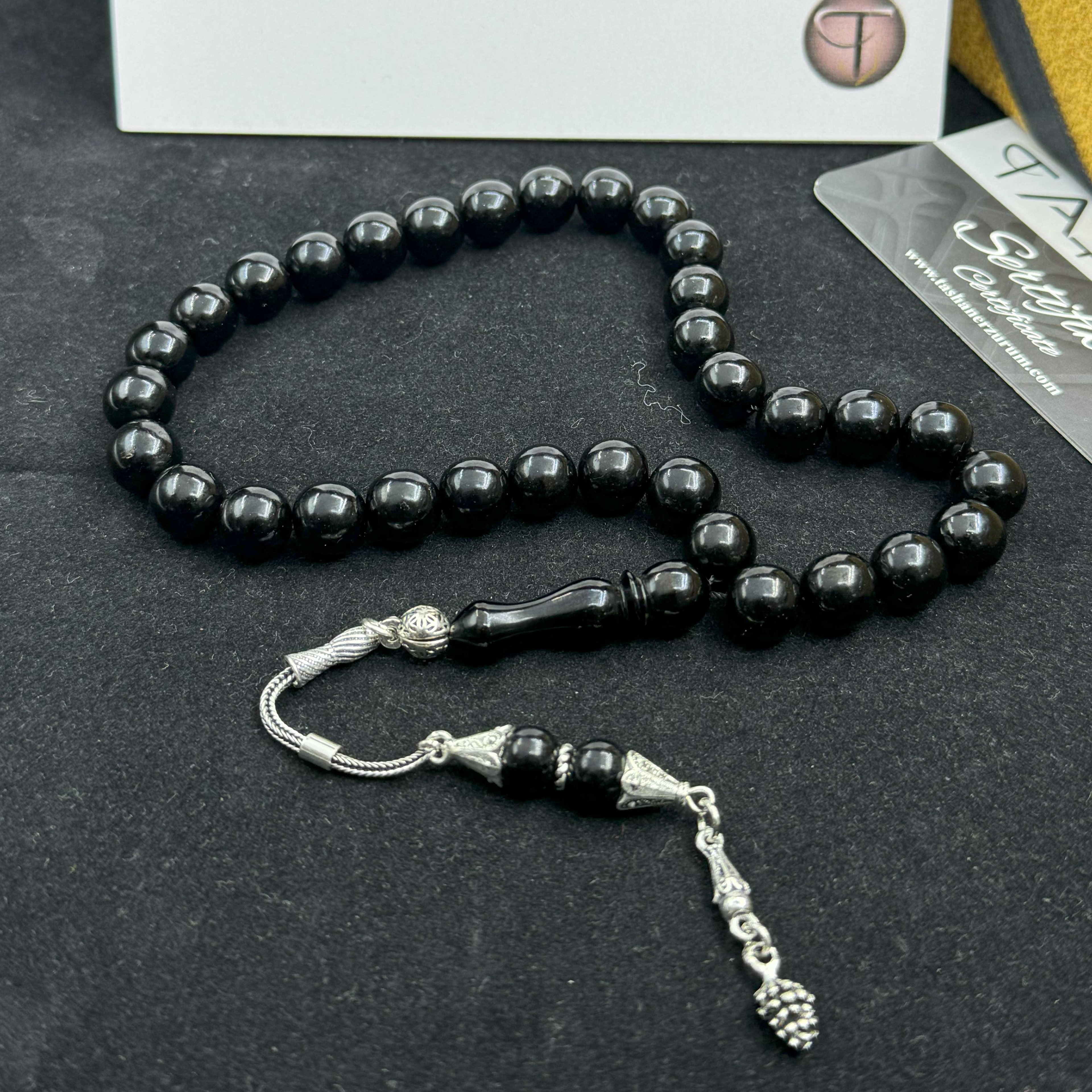 925 Sterling Silver Tasseled Erzurum Oltu Stone Rosary