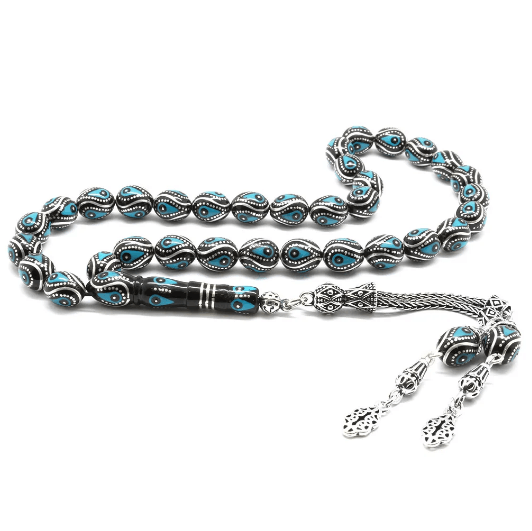 925 Sterling Silber Quasten Silber-Türkis bestickt Gerstenschliff Erzurum Oltu Tasbih