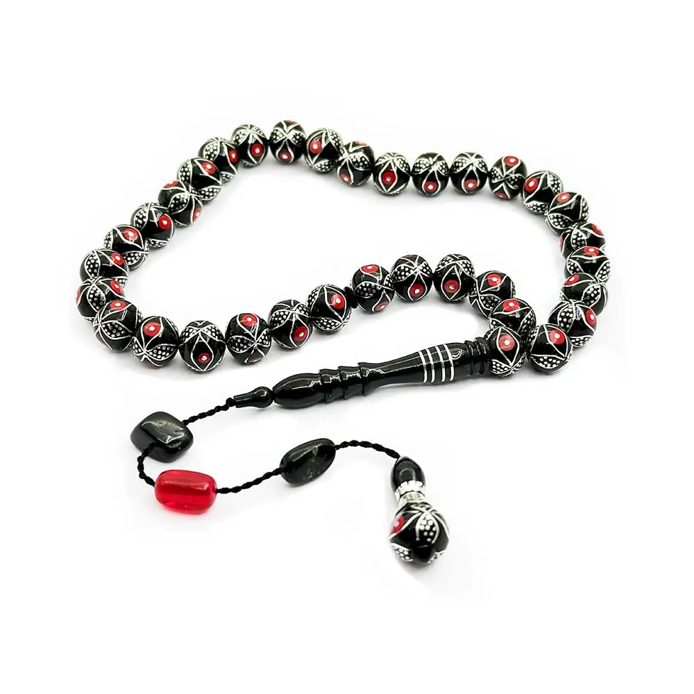 Silver & Coral Engraved Handcrafted Koleksiyonluk Sistemli Erzurum Oltu Stone Prayer Beads
