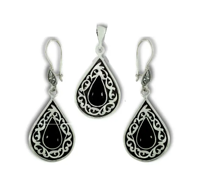 Oltu Stone Silver Drop Necklace Earrings Set