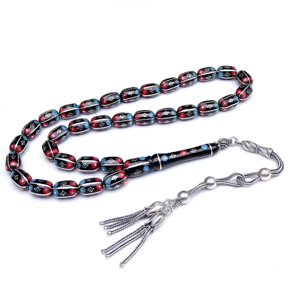 Silver Turquoise Coral Handcrafted Erzurum Oltu Stone Prayer Beads