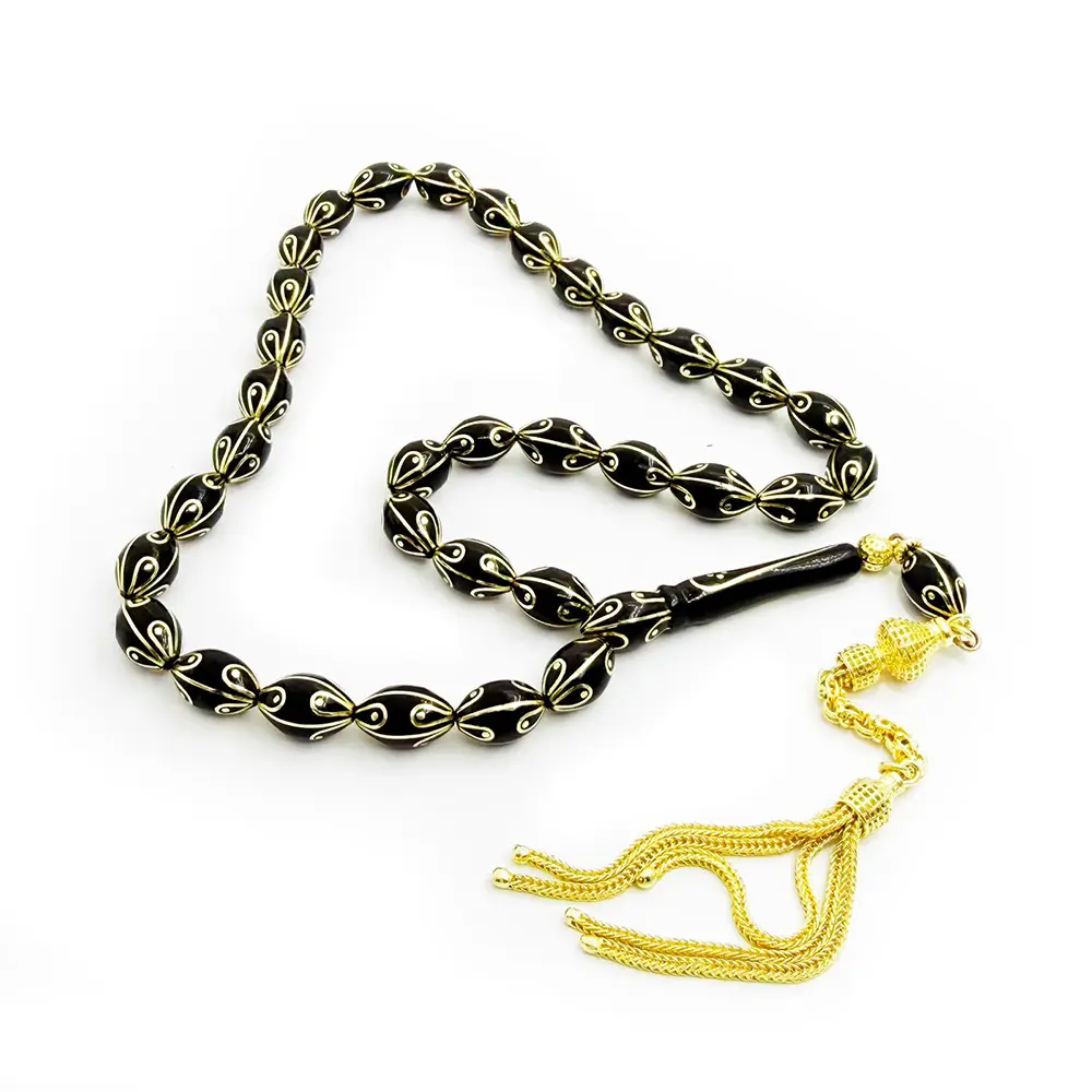 Gold Plated Engraved Handcrafted Erzurum Oltu Stone Prayer Beads