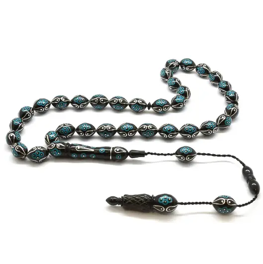 Kumpas Crafted Silver-Firuze Engraved Arpa Cut Erzurum Oltu Stone Prayer Beads