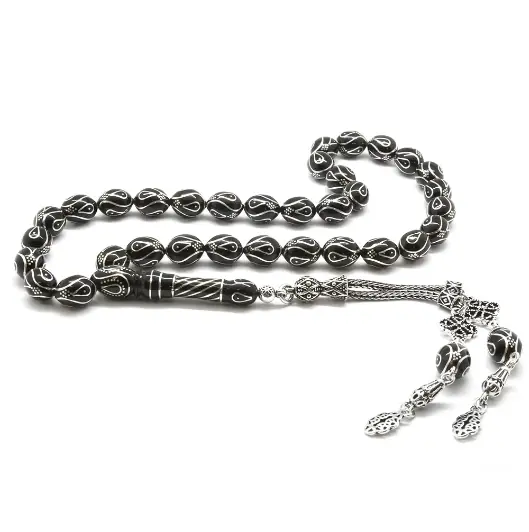925 K Silver Tasselled Silver Engraved Arpa Cut Erzurum Oltu Stone Prayer Beads