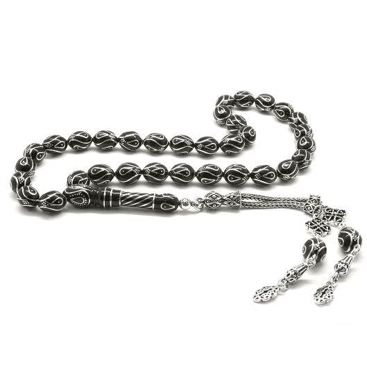 925 Sterling Silver Tasseled Silver Embroidered Barley Cut Erzurum Oltu Stone Prayer Beads