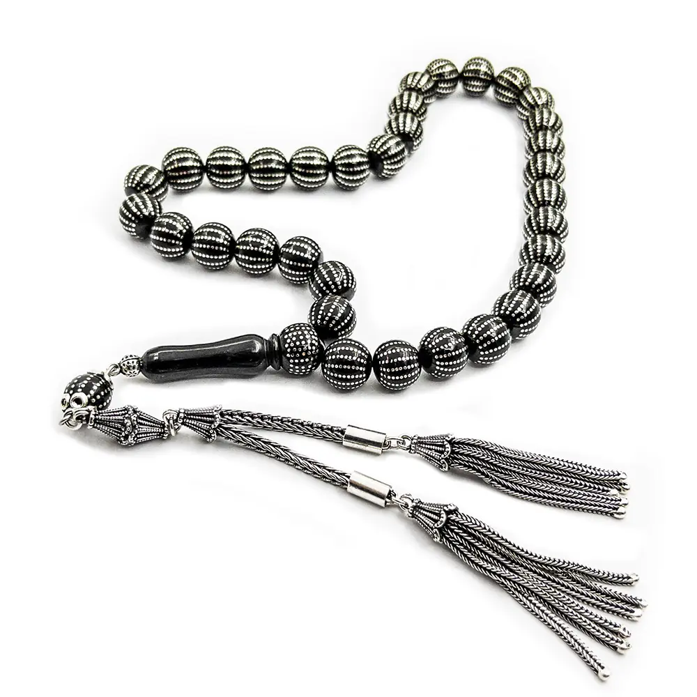 Silver Inlay Engraved Handcrafted Erzurum Oltu Stone Prayer Beads