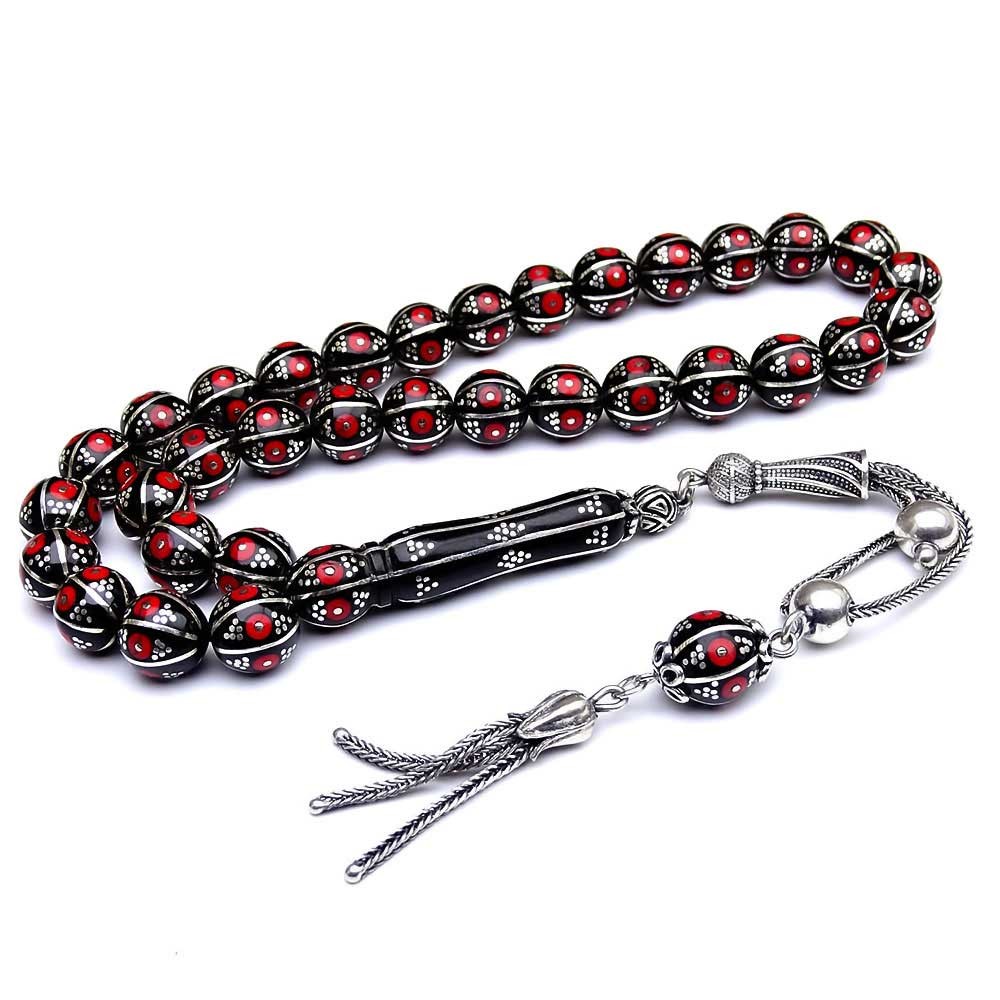 Silver Coral Embroidered Erzurum Oltu Stone Rosary