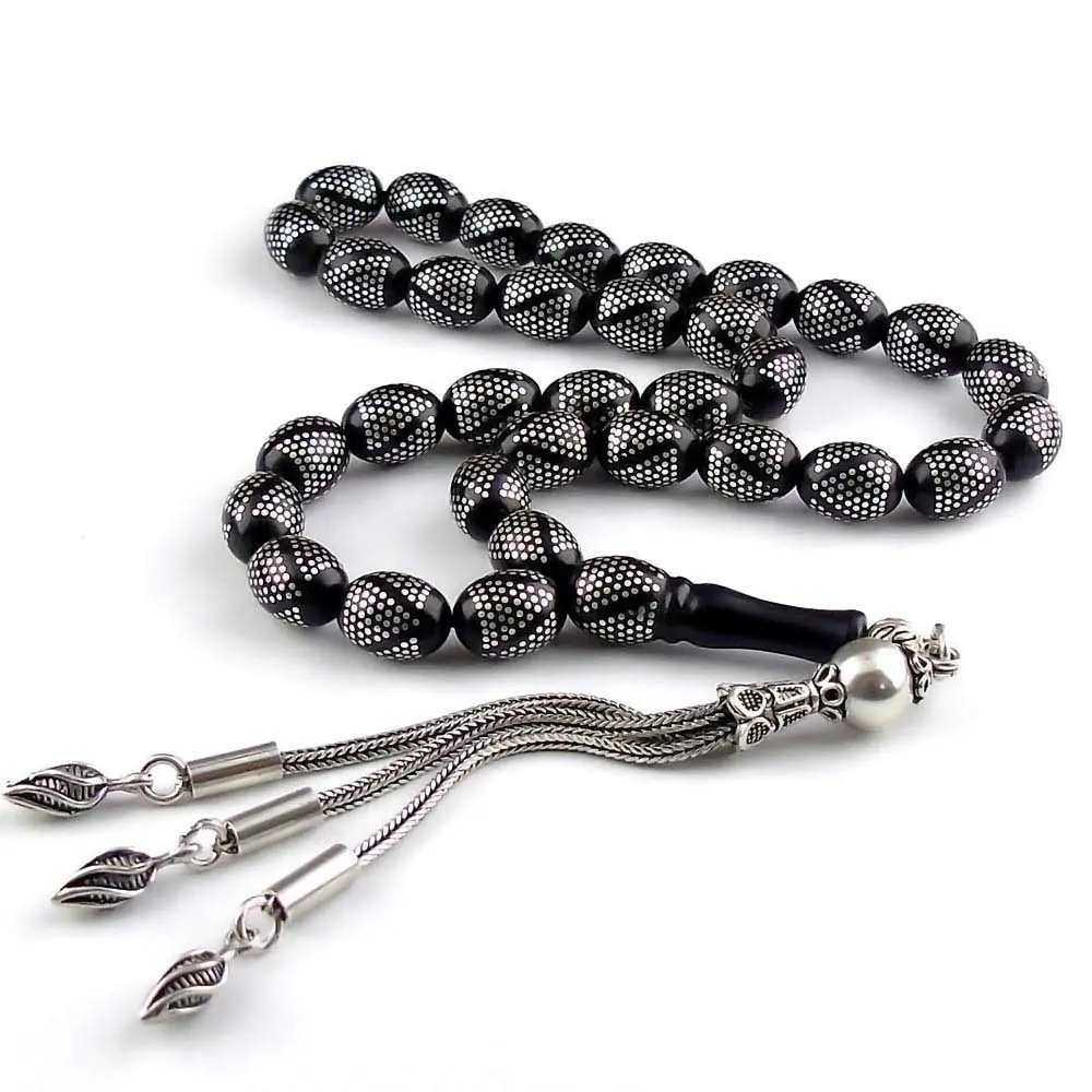 Silver Piramit Engraved Usta Crafted Erzurum Oltu Stone Prayer Beads