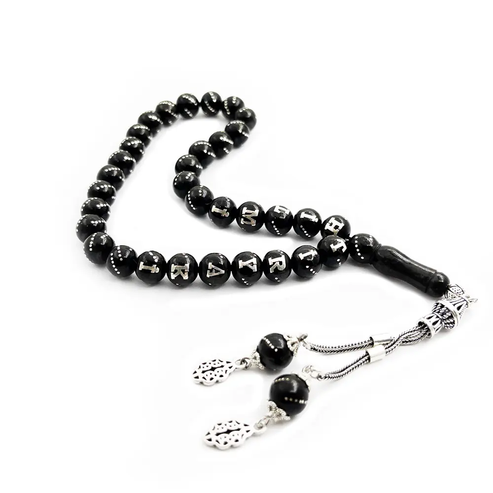 Silver Engraved Personalized Erzurum Oltu Stone Prayer Beads