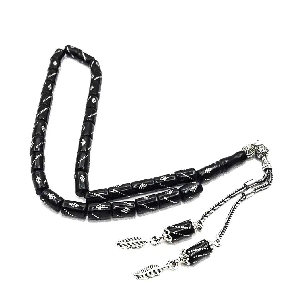 Silver Tasselled Silver Engraved Kesme Cut Erzurum Oltu Stone Prayer Beads