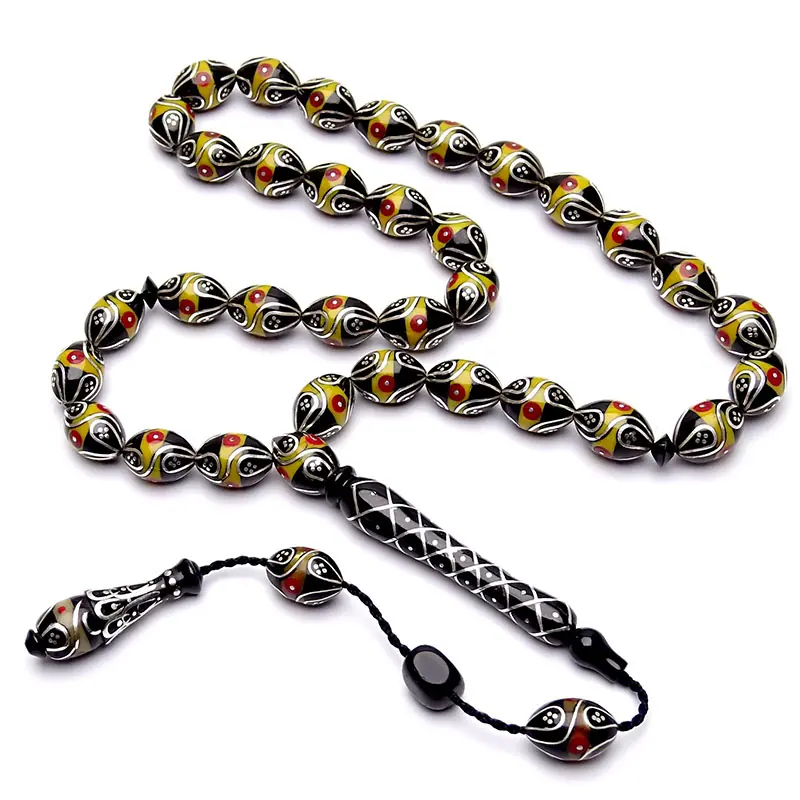 Silver Coral & Amber Engraved Koleksiyonluk Erzurum Oltu Stone Prayer Beads