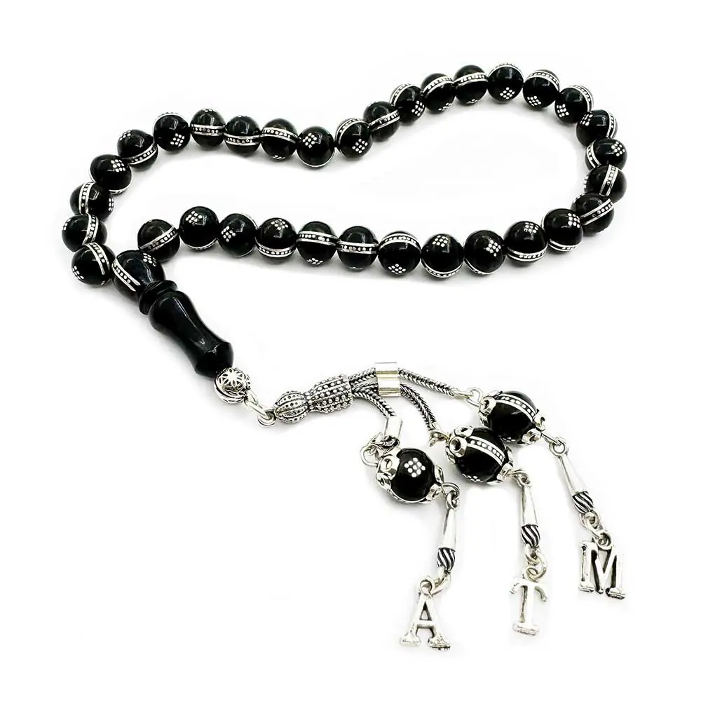 Silver Yarma Engraved Initial Erzurum Oltu Stone Prayer Beads