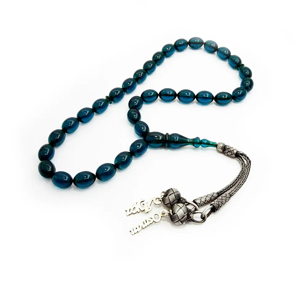 1000 K Double Kazaz Tasselled Arpa Cut Name Engraved Blue Fire Amber Prayer Beads