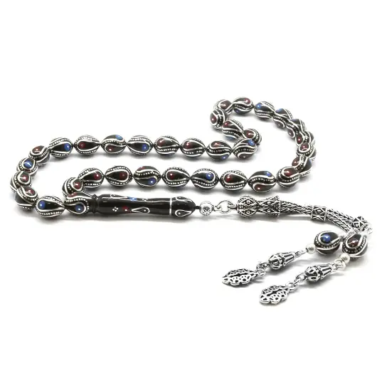 925 K Silver Tasselled Silver-Firuze-Mercan Arpa Cut Erzurum Oltu Prayer Beads