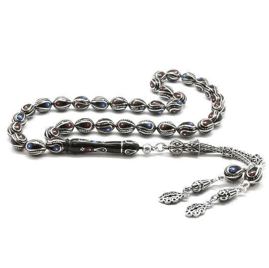 Tasbih aus 925er-Sterlingsilber mit Quasten, Silber-Türkis-Koralle, Gerstenschliff, Erzurum Oltu