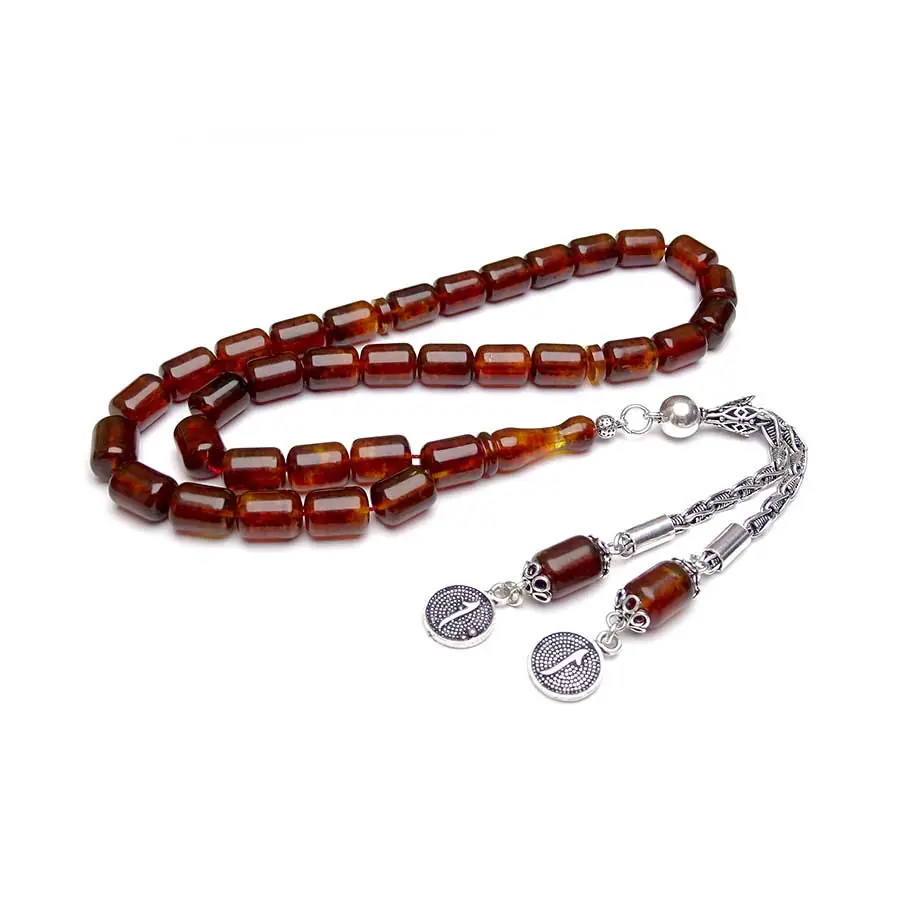 925 K Silver Tasselled Red Drop Amber Prayer Beads