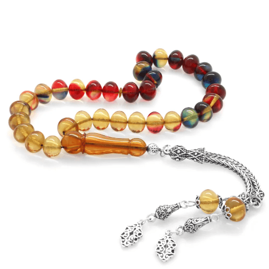 925 Sterling Silver Tasseled Wheel Cut Filtered Bonibon Fire Amber Rosary