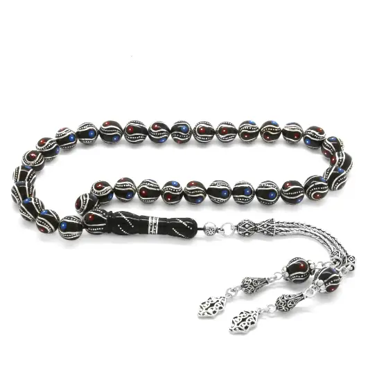 925 K Silver Tasselled Silver-Mercan-Firuze Engraved Erzurum Oltu Stone Prayer Beads