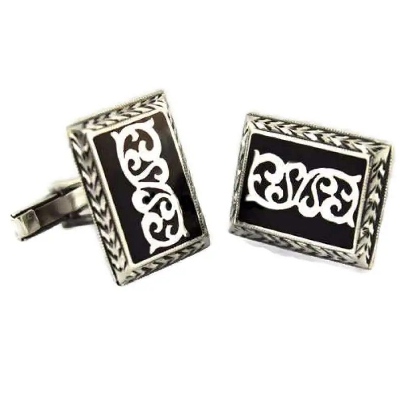 Oltu Stone Silver Ottoman Deseni Engraved Wrist Düğmesi