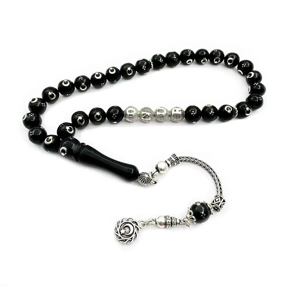 Star and Crescent Engraved Personalized Erzurum Oltu Stone Prayer Beads