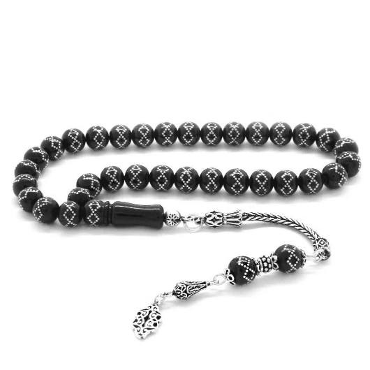 Silver Embroidered Oltu Stone Rosary with Silver Tassels